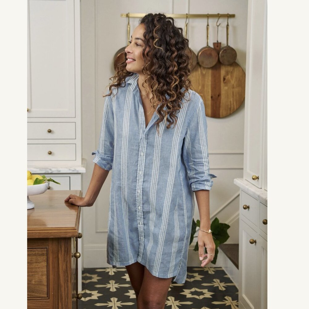 Frank & Eileen HUNTER Step-Hem Lenin Cotton Shirtdress Size: S Blue White Stripe